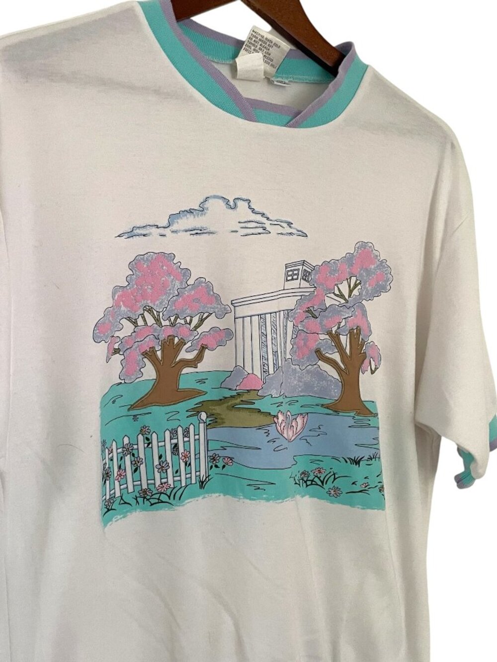 Vtg 80s Pykettes Short Slv Sweatshirt XL Pastel Cherry Blossom Tree Garden Scene